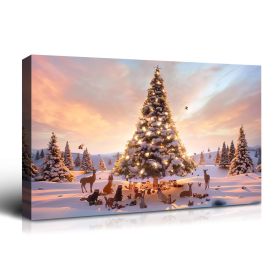 Framed Canvas Wall Art Decor Painting For Chrismas, Lighted Pine Tree at Night Chrismas Painting For Chrismas Gift