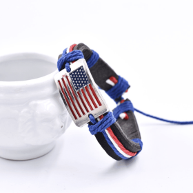 Flag Shape Pattern Braided Bracelet With PU Leather Chain Independence Day Presidents Day Decoration (Color: 2 pcs)