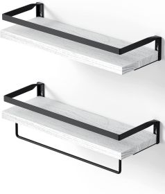 Floating bathroom shelf with towel rail; bathroom/living/kitchen/bedroom wall shelf set of 2; light brown; dark brown; black. (Color: White)