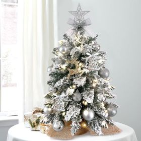 22in Mini Christmas Tree with Light Artificial Small Tabletop Woodland Christmas Decoration with Flocked Snow;  Exquisite Decor & Xmas Ornaments for T (style: Silver)